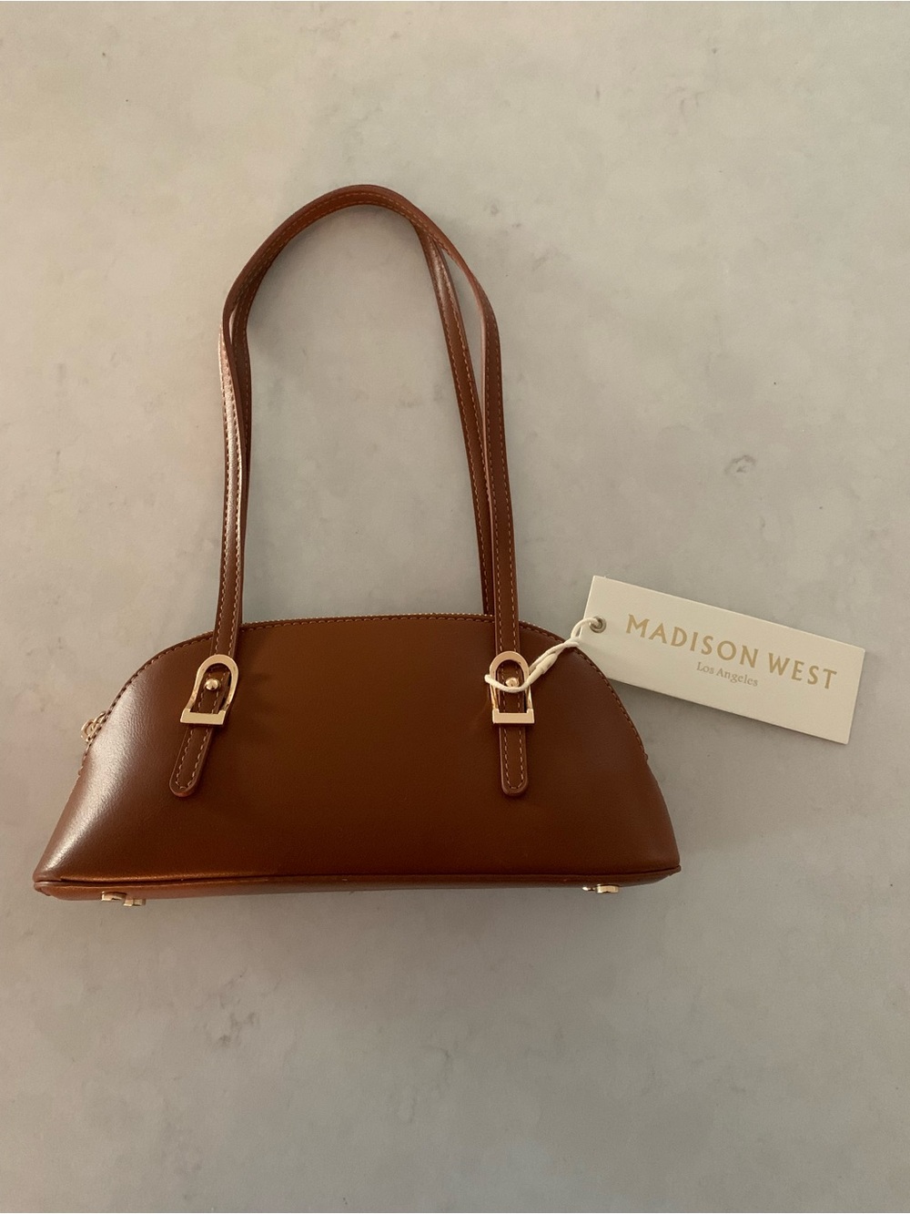 Madison West Cognac Leather Shoulder Bag with Gold Hardware
